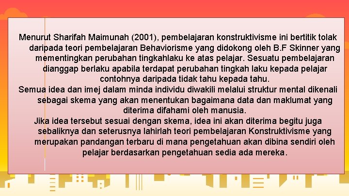 Menurut Sharifah Maimunah (2001), pembelajaran konstruktivisme ini bertitik tolak daripada teori pembelajaran Behaviorisme yang