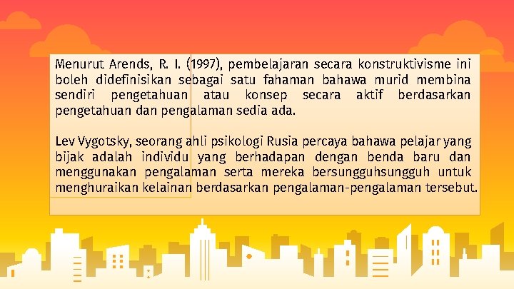Menurut Arends, R. I. (1997), pembelajaran secara konstruktivisme ini boleh didefinisikan sebagai satu fahaman