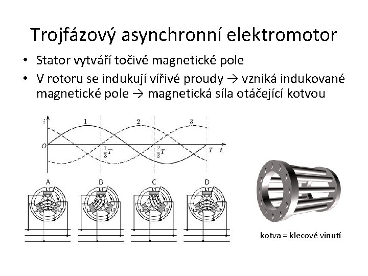 Trojfázový asynchronní elektromotor • Stator vytváří točivé magnetické pole • V rotoru se indukují