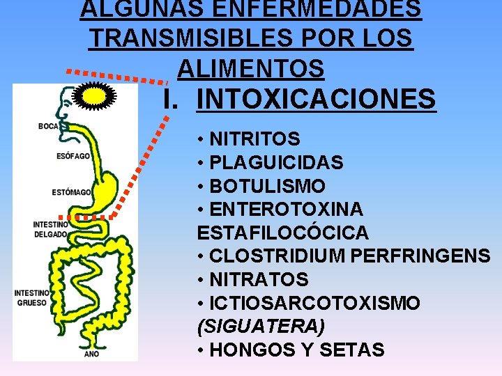 ALGUNAS ENFERMEDADES TRANSMISIBLES POR LOS ALIMENTOS I. INTOXICACIONES 20 -ABRIL-2004 • NITRITOS • PLAGUICIDAS