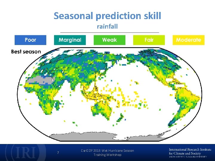 Seasonal prediction skill rainfall 7 Cari. COF 2018 Wet Hurricane Season Training Workshop 