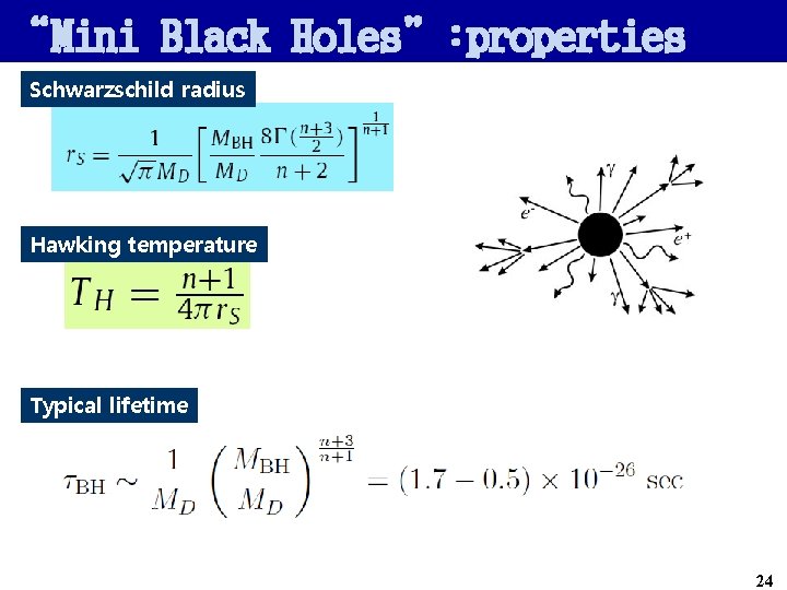 “Mini Black Holes”: properties Schwarzschild radius Hawking temperature Typical lifetime 24 