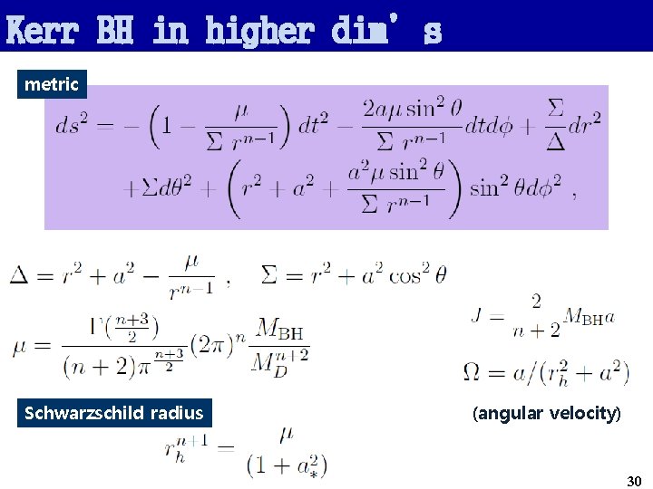 Kerr BH in higher dim’s metric Schwarzschild radius (angular velocity) 30 