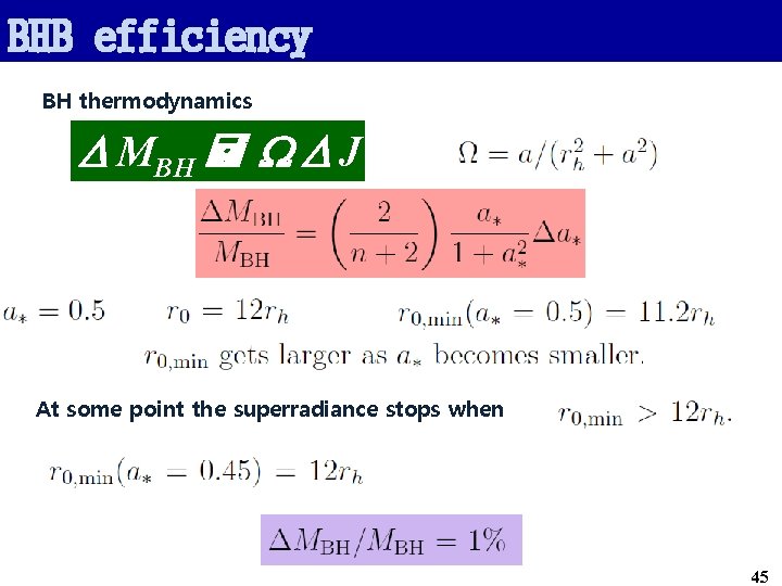 BHB efficiency BH thermodynamics D MBH = W D J At some point the