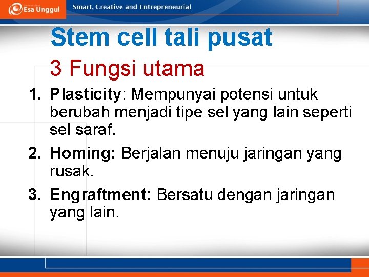 Stem cell tali pusat 3 Fungsi utama 1. Plasticity: Mempunyai potensi untuk berubah menjadi