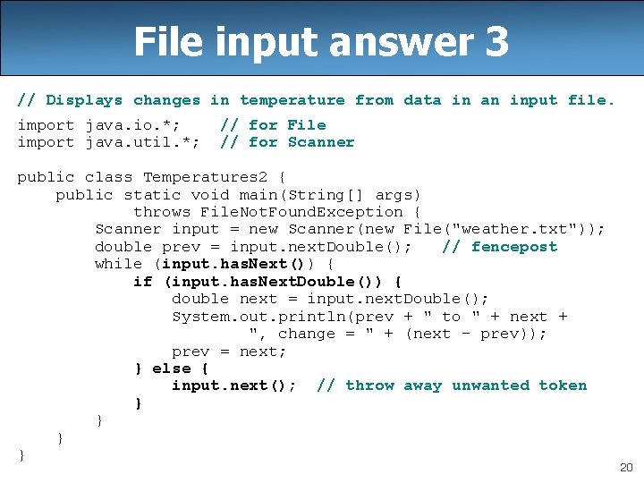 File input answer 3 // Displays changes in temperature from data in an input
