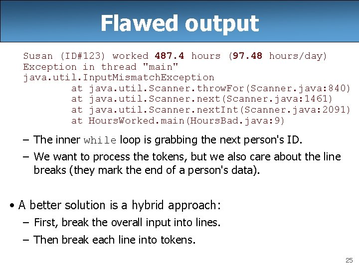 Flawed output Susan (ID#123) worked 487. 4 hours (97. 48 hours/day) Exception in thread