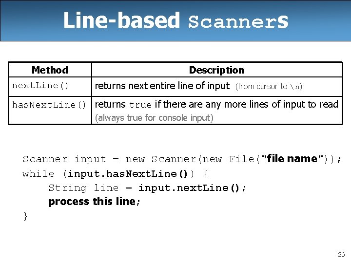 Line-based Scanners Method next. Line() Description returns next entire line of input (from cursor