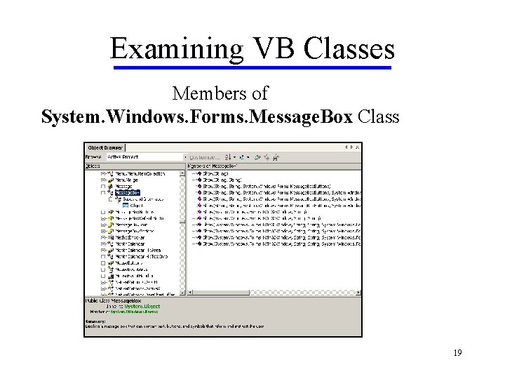 Examining VB Classes Members of System. Windows. Forms. Message. Box Class 19 Examining VB Classes Members of System. Windows. Forms. Message. Box Class 19