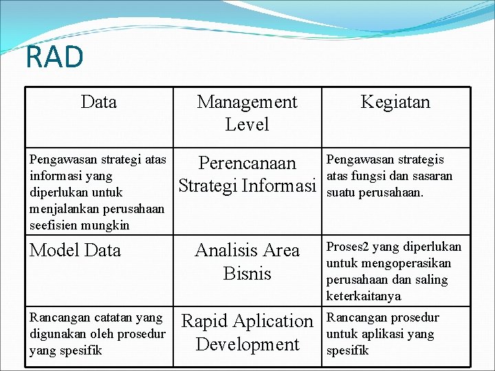RAD Data Management Level Pengawasan strategi atas informasi yang diperlukan untuk menjalankan perusahaan seefisien