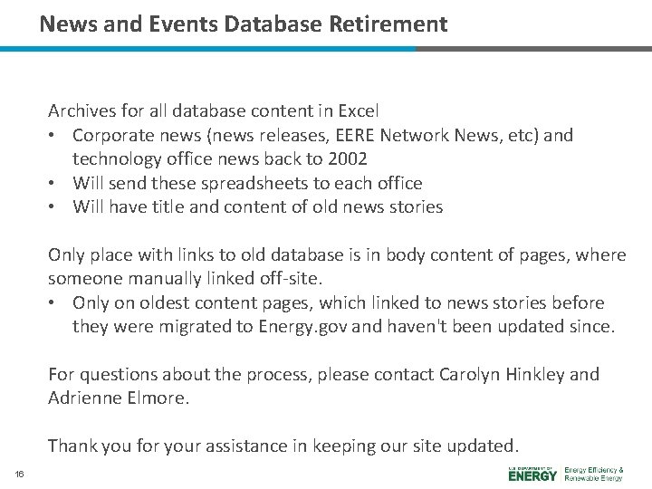 News and Events Database Retirement Archives for all database content in Excel • Corporate