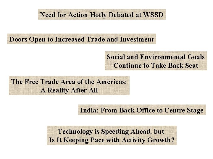 Need for Action Hotly Debated at WSSD Doors Open to Increased Trade and Investment