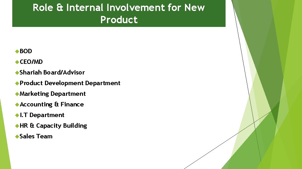 Role & Internal Involvement for New Product BOD CEO/MD Shariah Board/Advisor Product Development Department