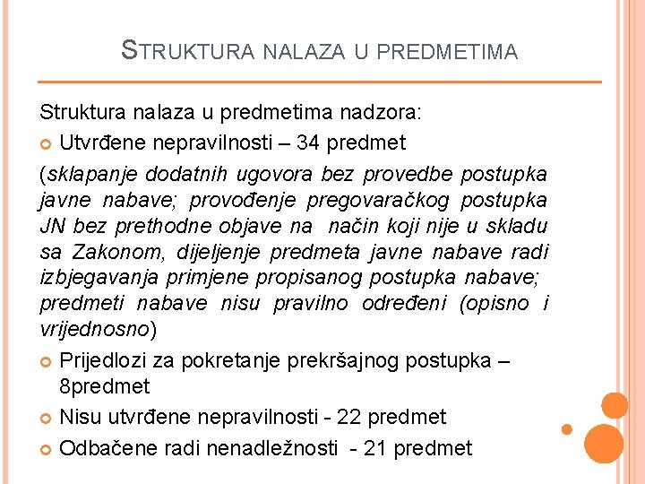 STRUKTURA NALAZA U PREDMETIMA Struktura nalaza u predmetima nadzora: Utvrđene nepravilnosti – 34 predmet