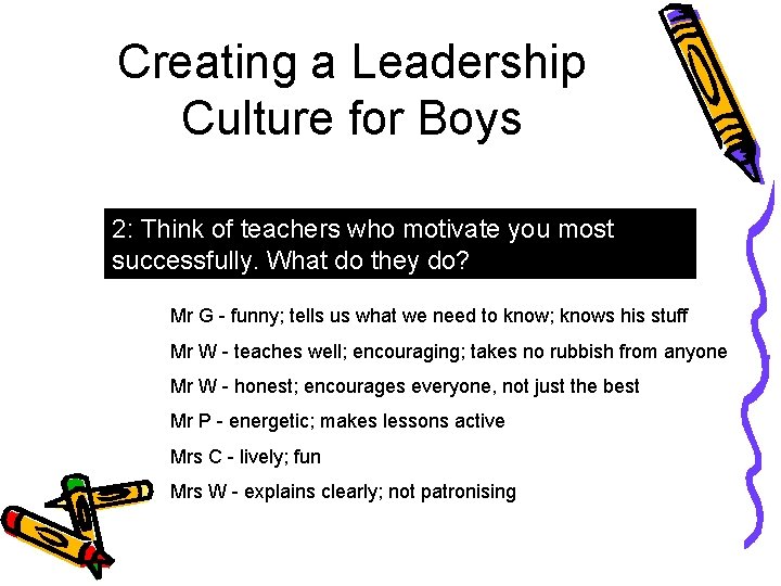 Creating a Leadership Culture for Boys 2: Think of teachers who motivate you most