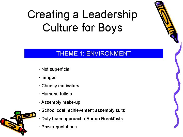 Creating a Leadership Culture for Boys THEME 1: ENVIRONMENT • Not superficial • Images