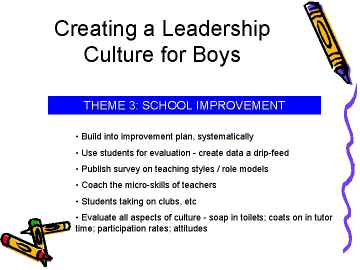 Creating a Leadership Culture for Boys THEME 3: SCHOOL IMPROVEMENT • Build into improvement