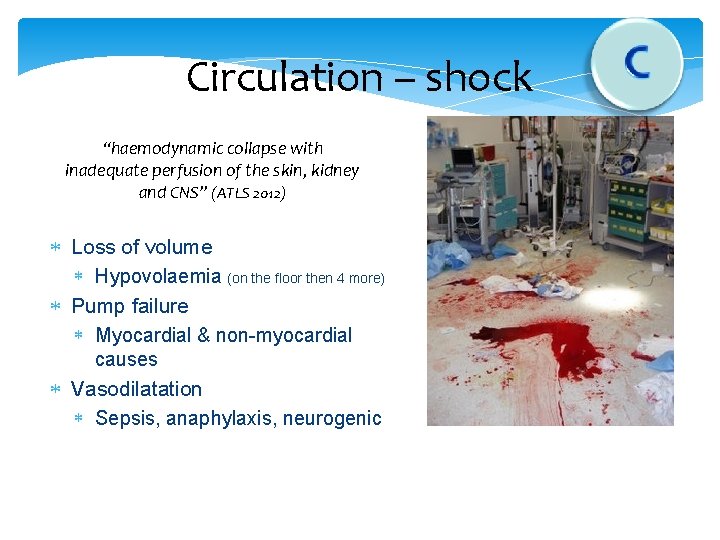 Circulation – shock “haemodynamic collapse with inadequate perfusion of the skin, kidney and CNS”