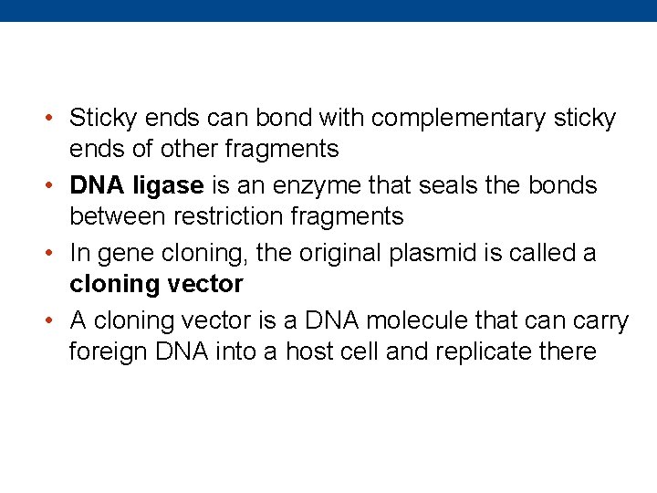  • Sticky ends can bond with complementary sticky ends of other fragments •
