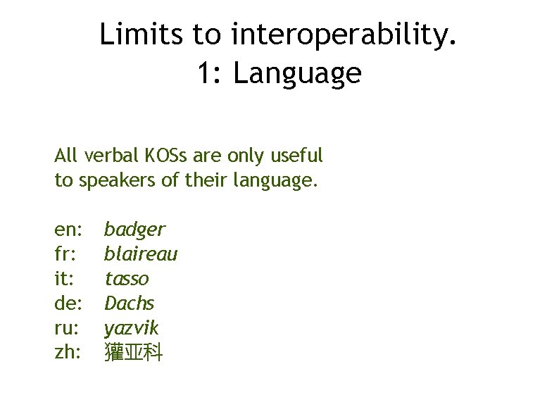 Limits to interoperability. 1: Language All verbal KOSs are only useful to speakers of