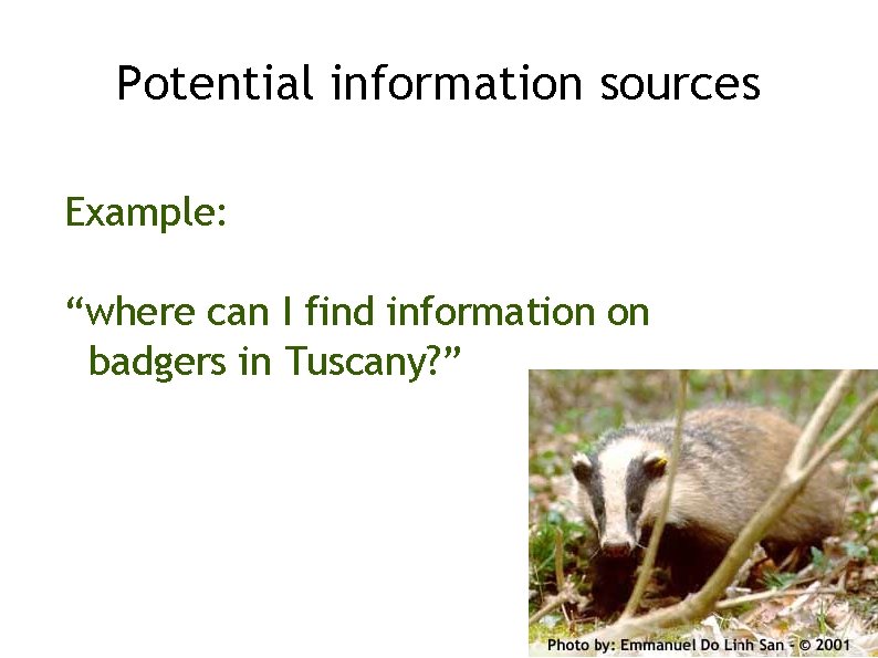 Potential information sources Example: “where can I find information on badgers in Tuscany? ”