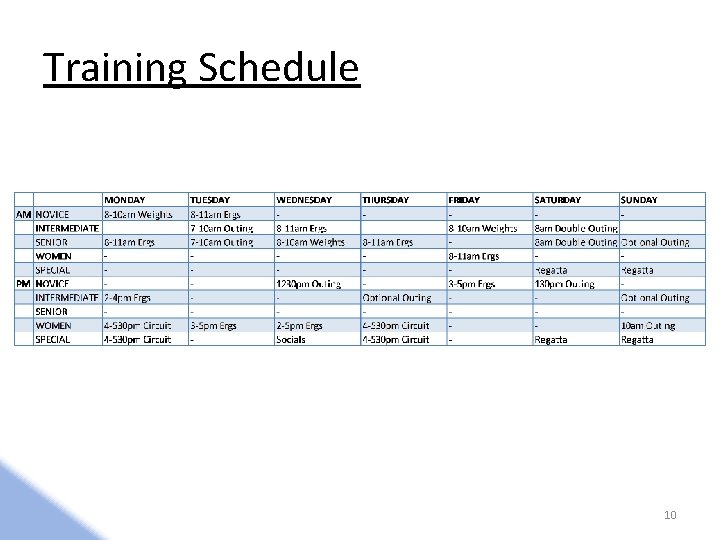 Training Schedule 10 