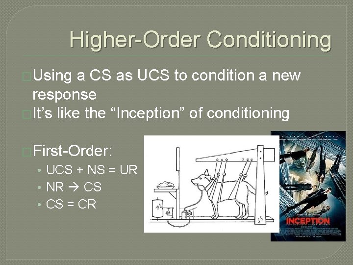 Higher-Order Conditioning �Using a CS as UCS to condition a new response �It’s like