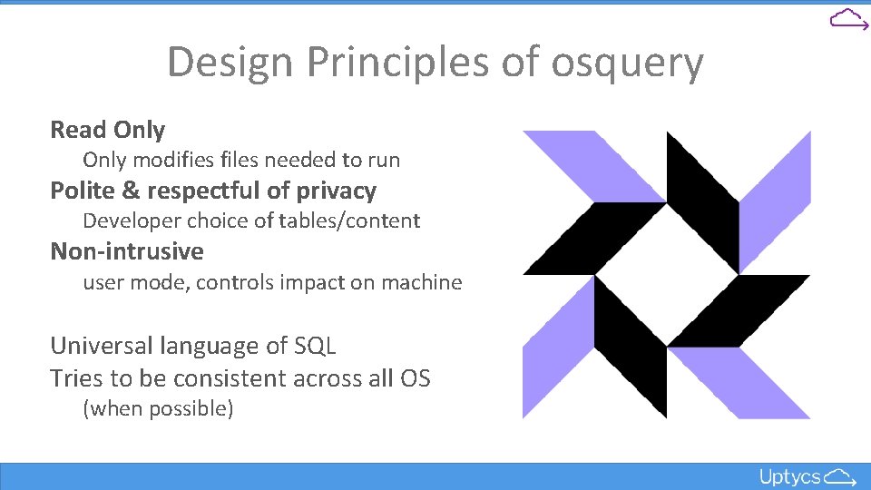 Design Principles of osquery Read Only modifies files needed to run Polite & respectful