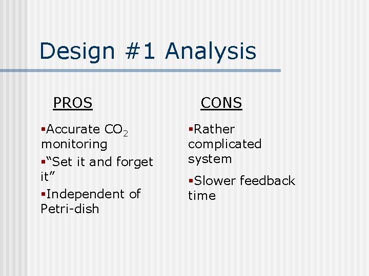 Design #1 Analysis PROS §Accurate CO 2 monitoring §“Set it and forget it” §Independent
