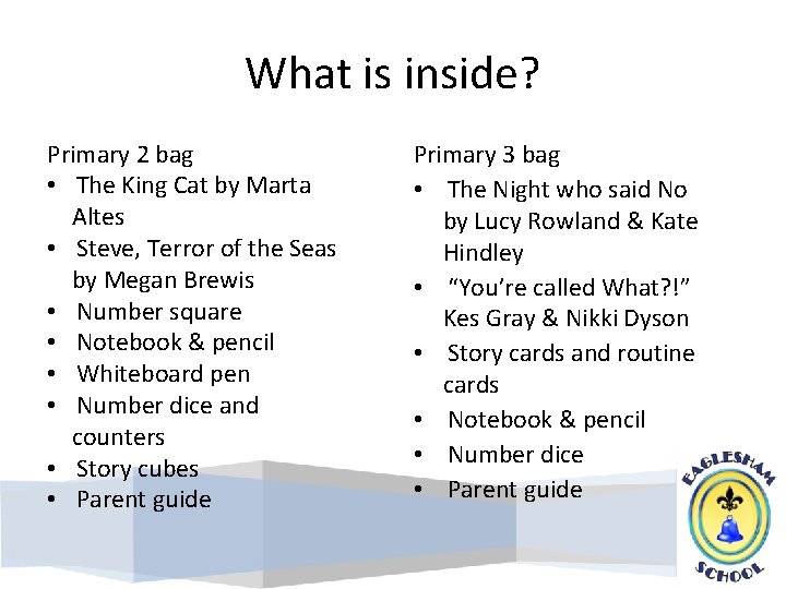 What is inside? Primary 2 bag • The King Cat by Marta Altes •