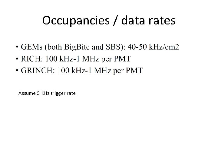 Occupancies / data rates Assume 5 KHz trigger rate 