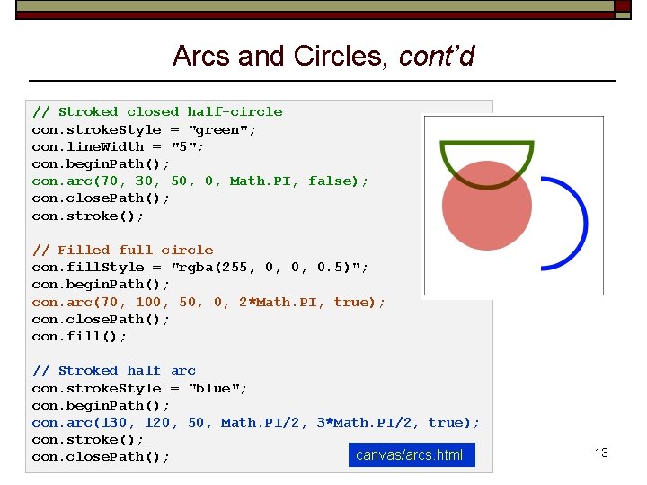 Arcs and Circles, cont’d // Stroked closed half-circle con. stroke. Style = "green"; con.