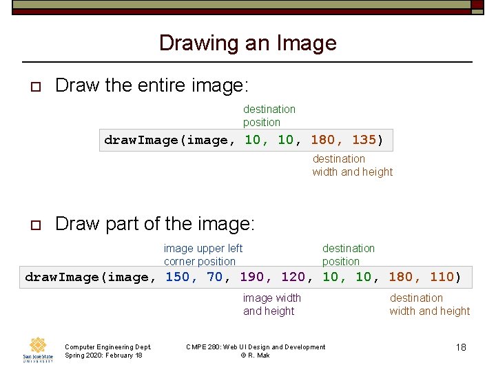 Drawing an Image o Draw the entire image: destination position draw. Image(image, 10, 180,