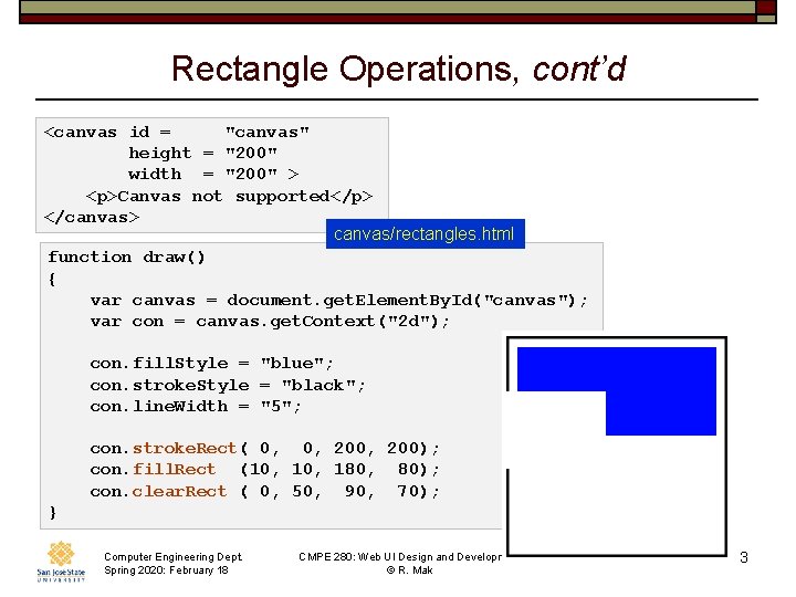 Rectangle Operations, cont’d <canvas id = "canvas" height = "200" width = "200" >