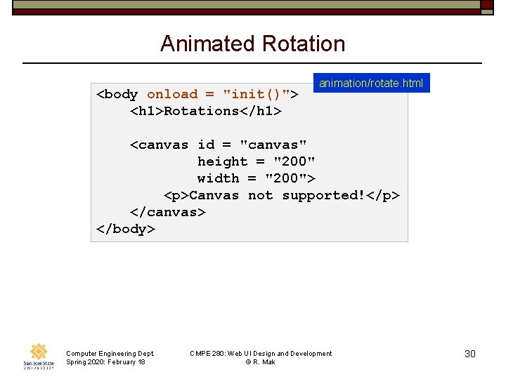 Animated Rotation <body onload = "init()"> <h 1>Rotations</h 1> animation/rotate. html <canvas id =