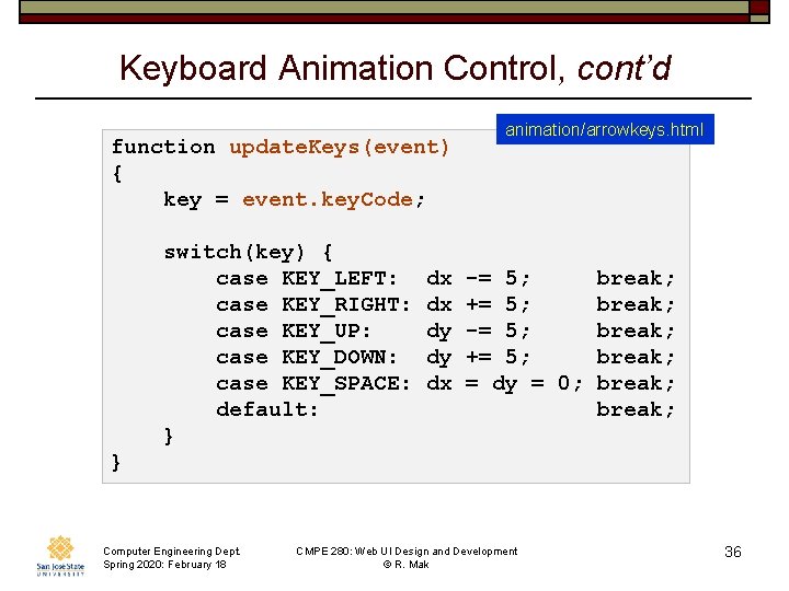 Keyboard Animation Control, cont’d function update. Keys(event) { key = event. key. Code; switch(key)