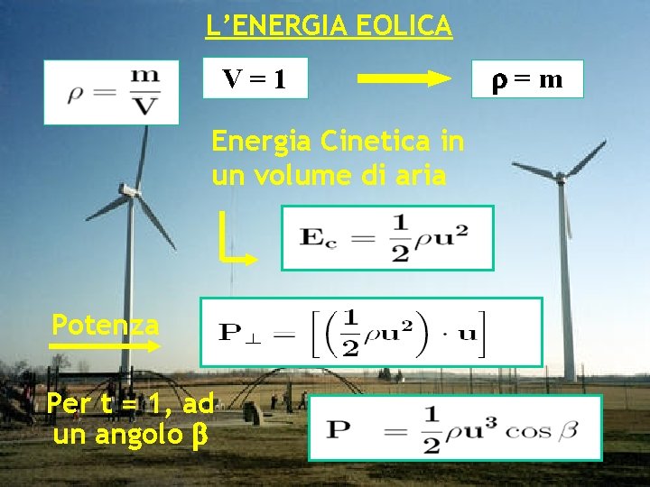 L’ENERGIA EOLICA V=1 Energia Cinetica in un volume di aria Potenza Per t =