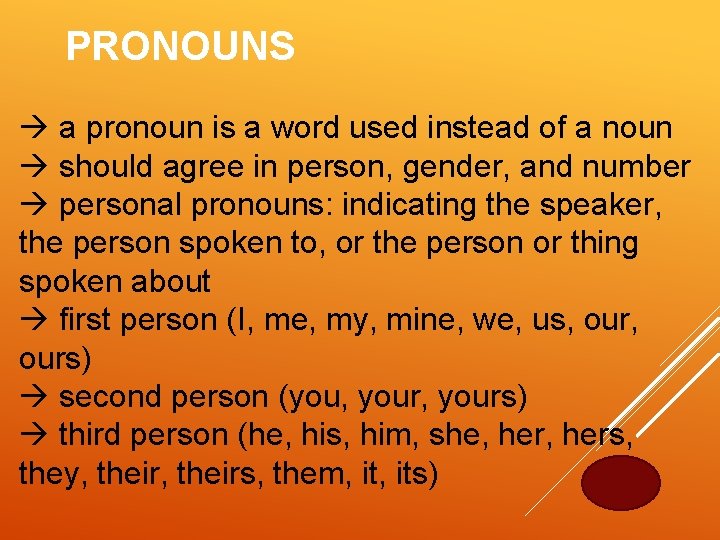 PRONOUNS a pronoun is a word used instead of a noun should agree in