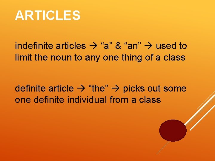 ARTICLES indefinite articles “a” & “an” used to limit the noun to any one