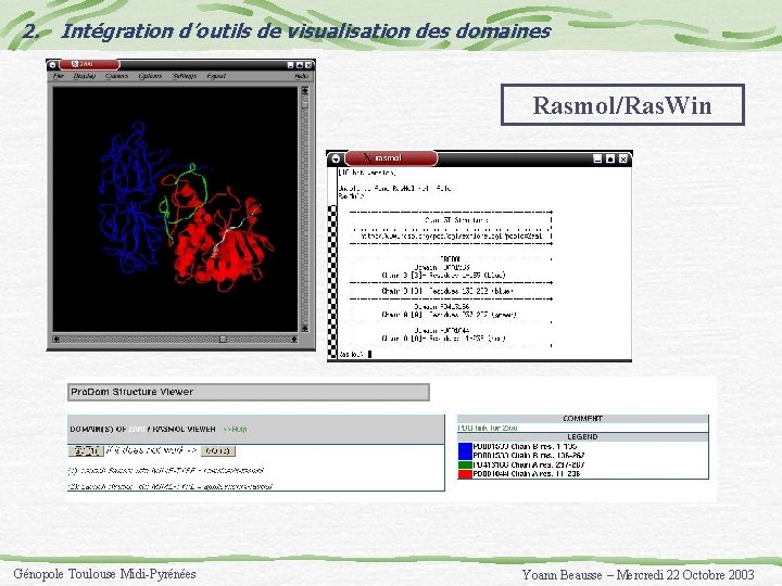 2. Intégration d’outils de visualisation des domaines Rasmol/Ras. Win Génopole Toulouse Midi-Pyrénées Yoann Beausse