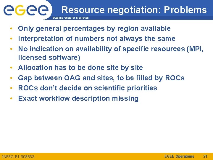 Resource negotiation: Problems Enabling Grids for E-scienc. E • Only general percentages by region