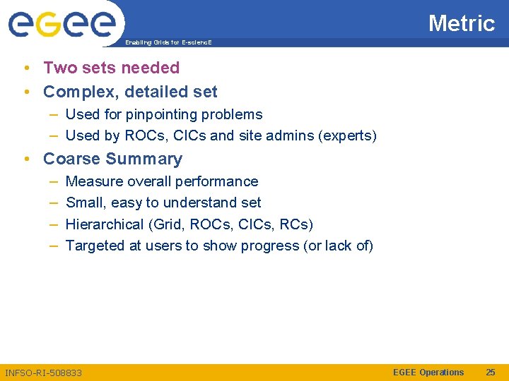 Metric Enabling Grids for E-scienc. E • Two sets needed • Complex, detailed set