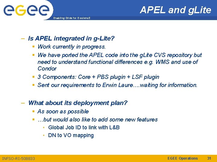 APEL and g. Lite Enabling Grids for E-scienc. E – Is APEL integrated in