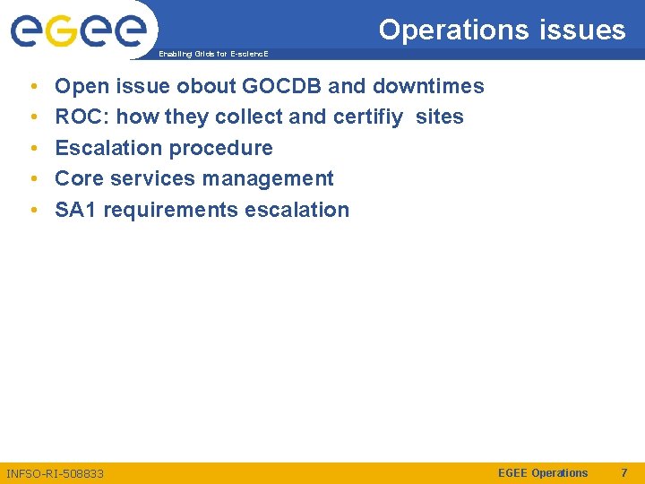 Operations issues Enabling Grids for E-scienc. E • • • Open issue obout GOCDB