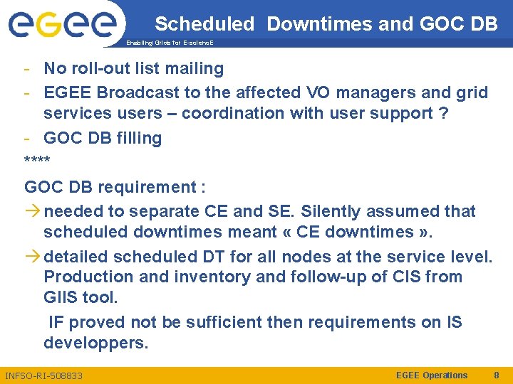 Scheduled Downtimes and GOC DB Enabling Grids for E-scienc. E - No roll-out list