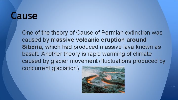Cause One of theory of Cause of Permian extinction was caused by massive volcanic
