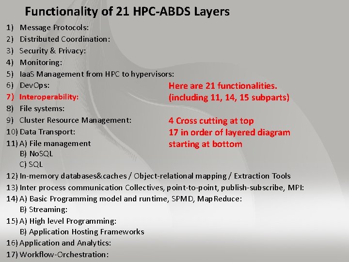 Functionality of 21 HPC-ABDS Layers 1) Message Protocols: 2) Distributed Coordination: 3) Security &