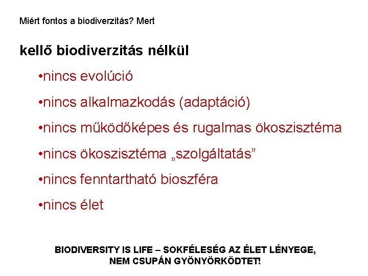 Miért fontos a biodiverzitás? Mert kellő biodiverzitás nélkül • nincs evolúció • nincs alkalmazkodás