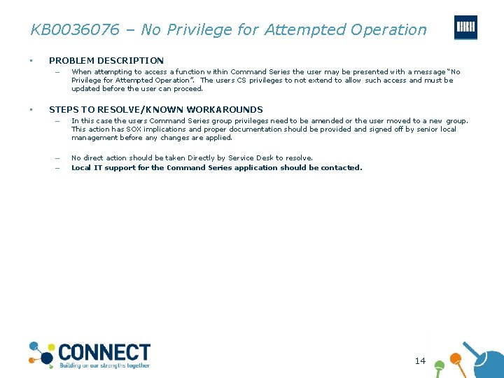KB 0036076 – No Privilege for Attempted Operation • PROBLEM DESCRIPTION – • When