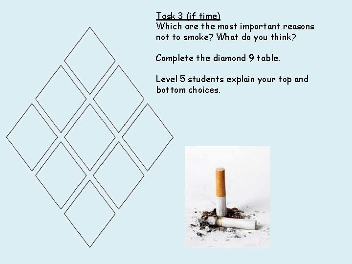 Task 3 (if time) Which are the most important reasons not to smoke? What